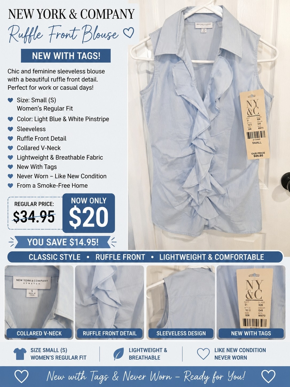 New York & Company Light Blue & White Pinstripe Ruffle Sleeveless Blouse